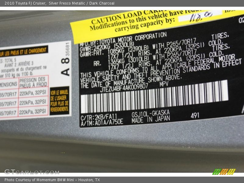 2010 FJ Cruiser  Silver Fresco Metallic Color Code 2KB