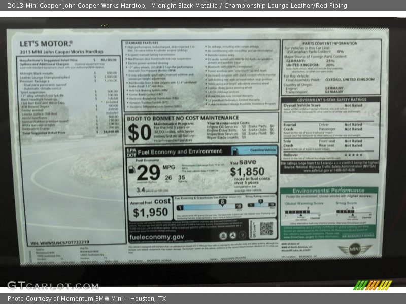  2013 Cooper John Cooper Works Hardtop Window Sticker