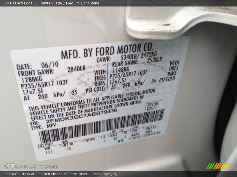 White Suede / Medium Light Stone 2010 Ford Edge SE