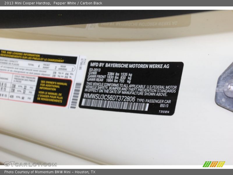 Pepper White / Carbon Black 2013 Mini Cooper Hardtop