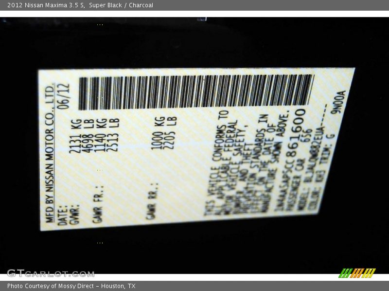 Super Black / Charcoal 2012 Nissan Maxima 3.5 S