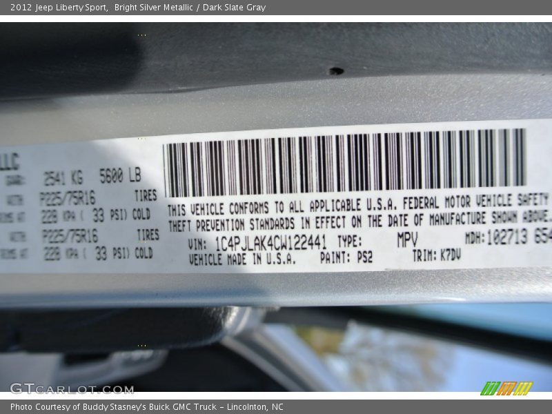 Bright Silver Metallic / Dark Slate Gray 2012 Jeep Liberty Sport