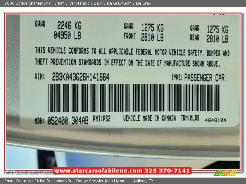 Bright Silver Metallic / Dark Slate Gray/Light Slate Gray 2006 Dodge Charger SXT