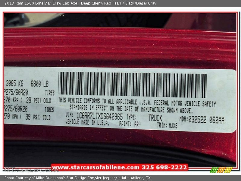 Deep Cherry Red Pearl / Black/Diesel Gray 2013 Ram 1500 Lone Star Crew Cab 4x4