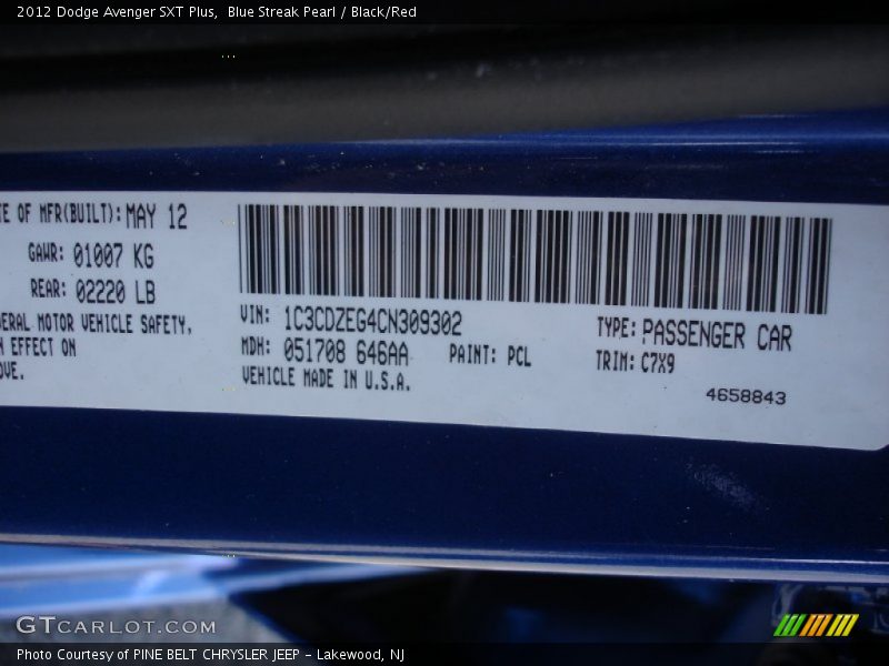 Blue Streak Pearl / Black/Red 2012 Dodge Avenger SXT Plus