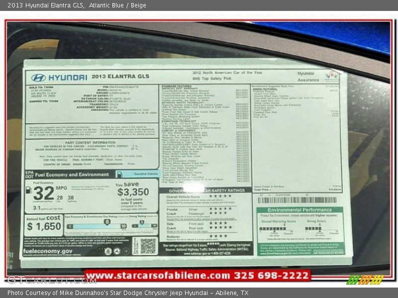 Atlantic Blue / Beige 2013 Hyundai Elantra GLS