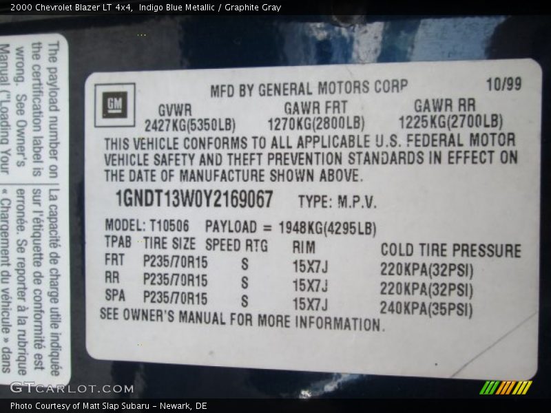 Indigo Blue Metallic / Graphite Gray 2000 Chevrolet Blazer LT 4x4