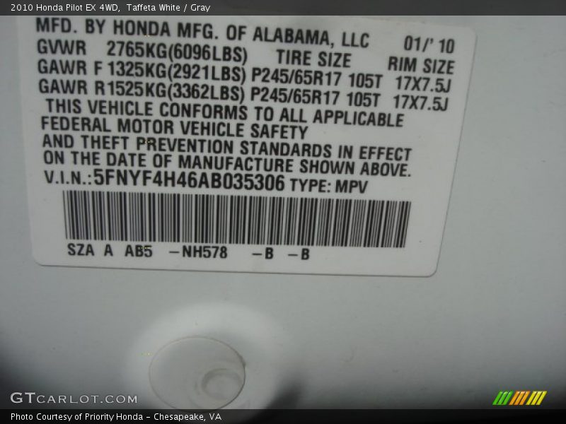 Taffeta White / Gray 2010 Honda Pilot EX 4WD