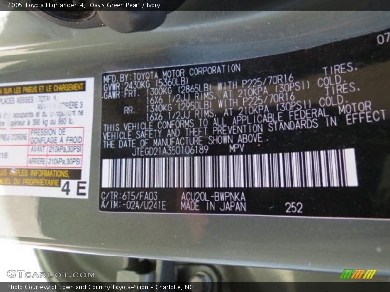 Oasis Green Pearl / Ivory 2005 Toyota Highlander I4