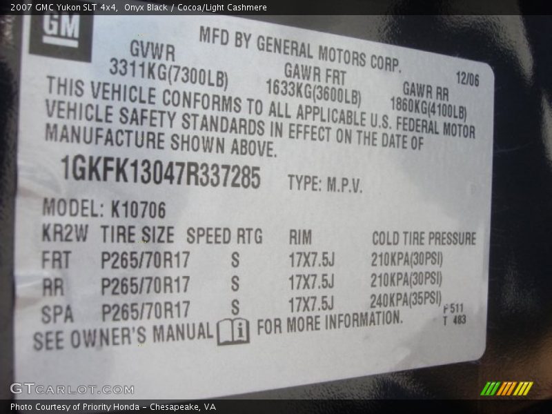 Onyx Black / Cocoa/Light Cashmere 2007 GMC Yukon SLT 4x4