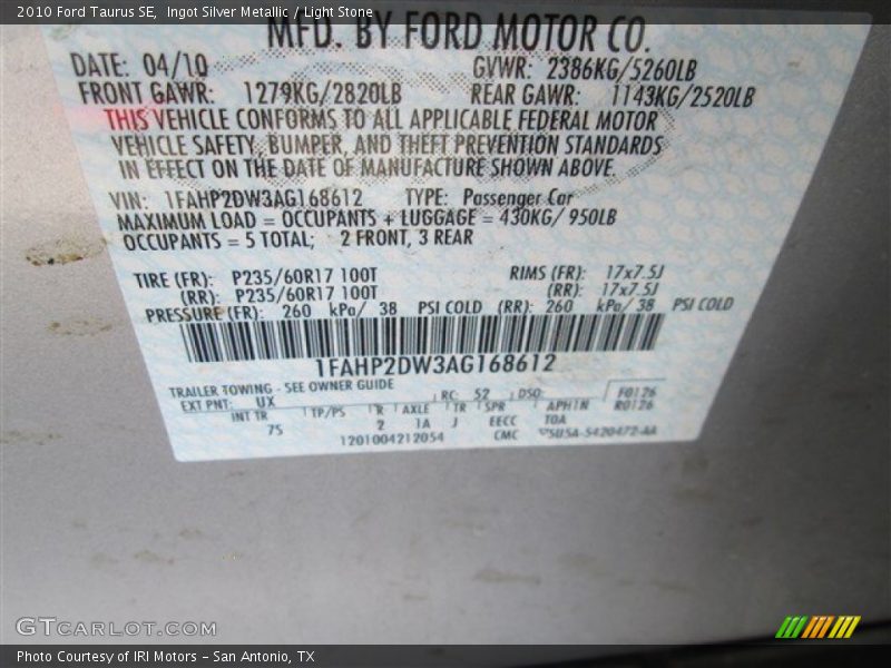 Ingot Silver Metallic / Light Stone 2010 Ford Taurus SE