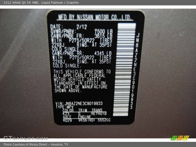 Liquid Platinum / Graphite 2012 Infiniti QX 56 4WD
