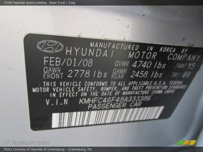 Silver Frost / Gray 2008 Hyundai Azera Limited