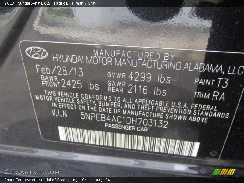 Pacific Blue Pearl / Gray 2013 Hyundai Sonata GLS