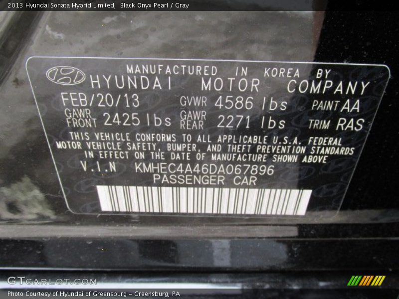 Black Onyx Pearl / Gray 2013 Hyundai Sonata Hybrid Limited