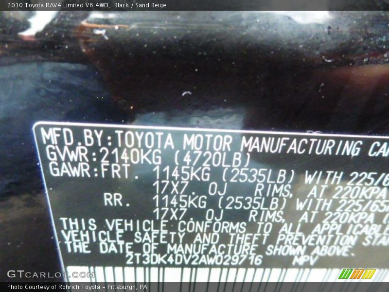 Black / Sand Beige 2010 Toyota RAV4 Limited V6 4WD