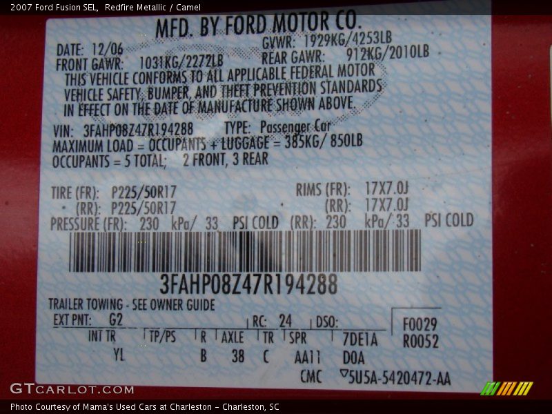 Redfire Metallic / Camel 2007 Ford Fusion SEL