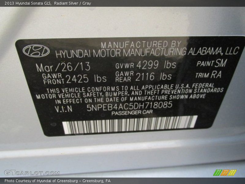 Radiant Silver / Gray 2013 Hyundai Sonata GLS