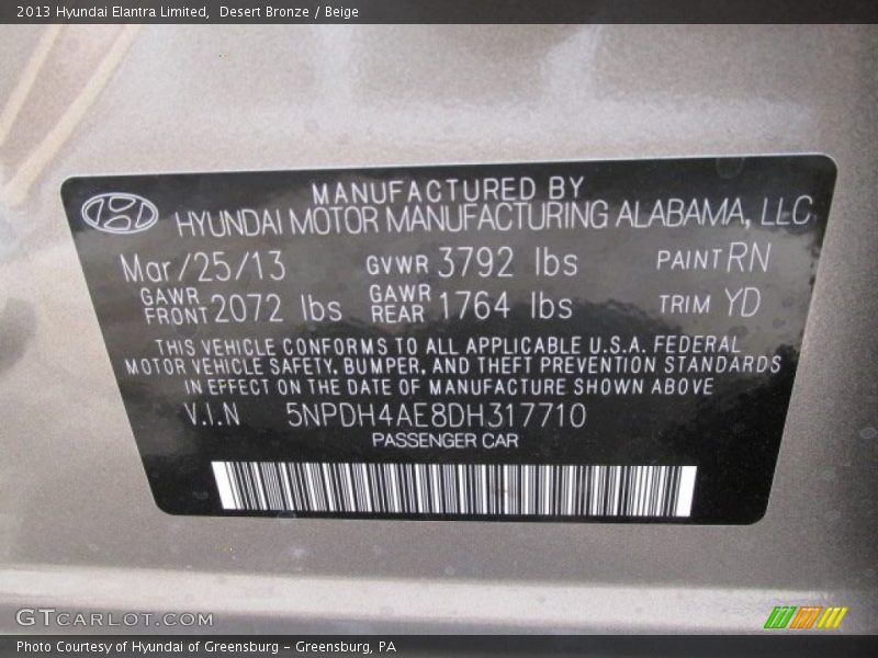 Desert Bronze / Beige 2013 Hyundai Elantra Limited