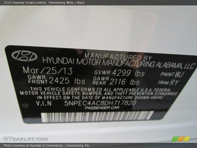 Shimmering White / Black 2013 Hyundai Sonata Limited