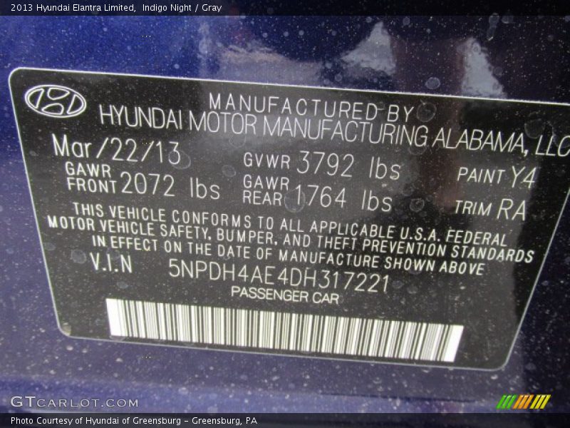Indigo Night / Gray 2013 Hyundai Elantra Limited