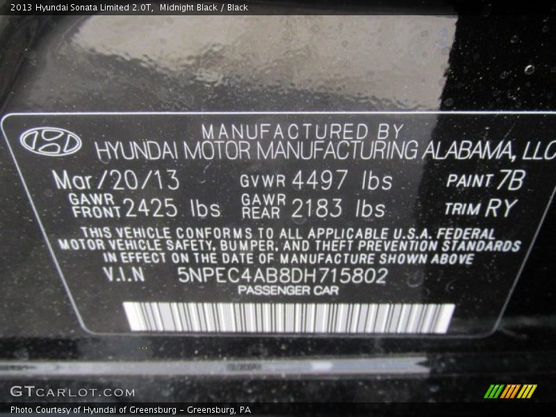 Midnight Black / Black 2013 Hyundai Sonata Limited 2.0T