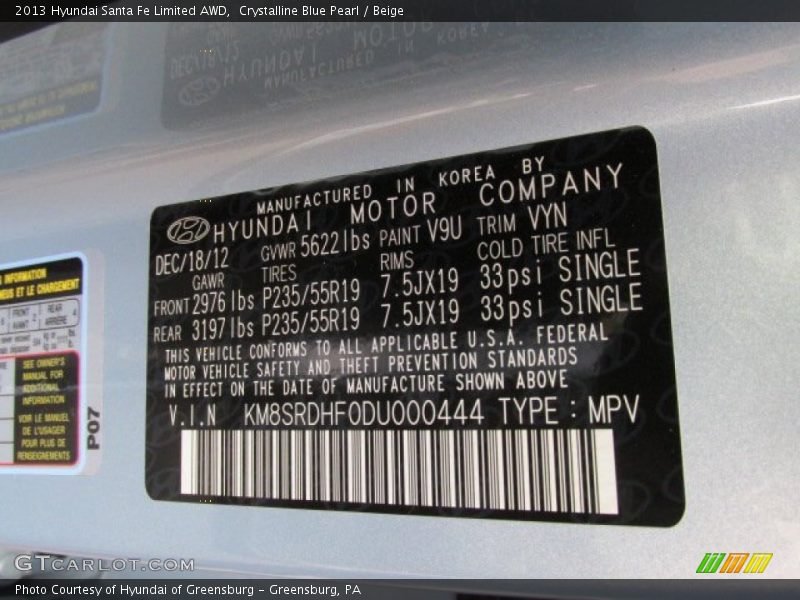 Crystalline Blue Pearl / Beige 2013 Hyundai Santa Fe Limited AWD