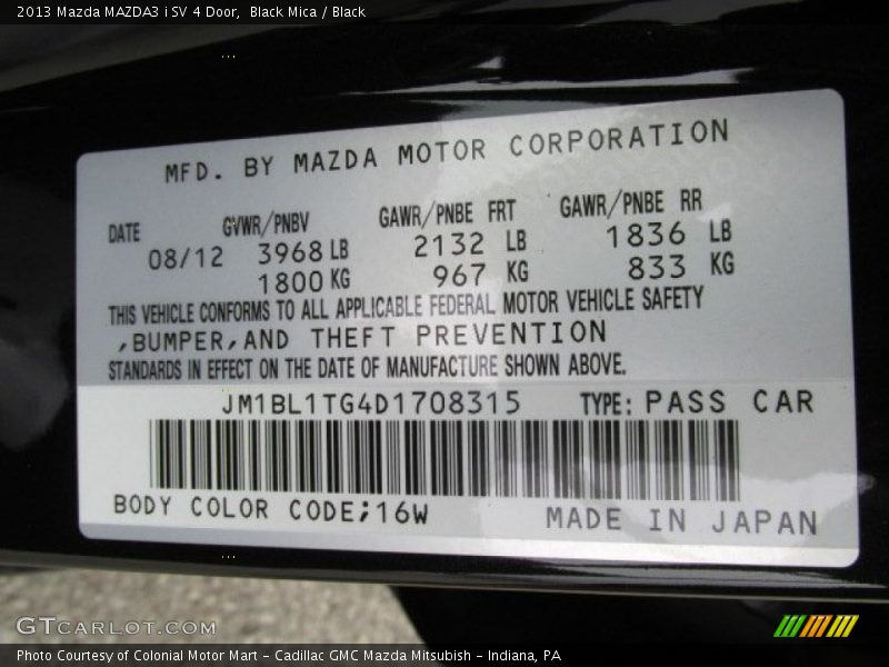 2013 MAZDA3 i SV 4 Door Black Mica Color Code 16W