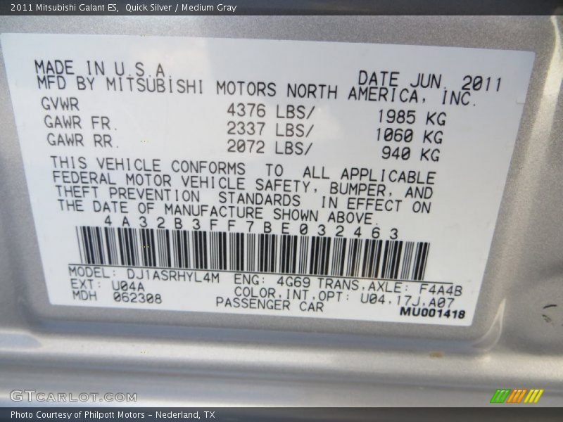 Quick Silver / Medium Gray 2011 Mitsubishi Galant ES