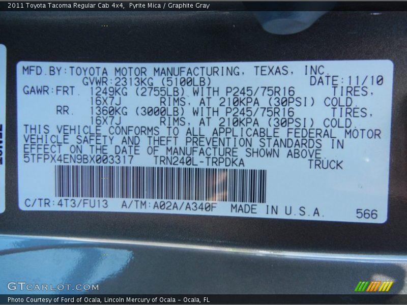 Pyrite Mica / Graphite Gray 2011 Toyota Tacoma Regular Cab 4x4