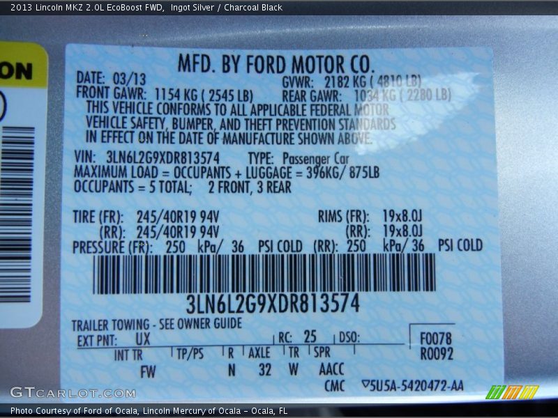 2013 MKZ 2.0L EcoBoost FWD Ingot Silver Color Code UX