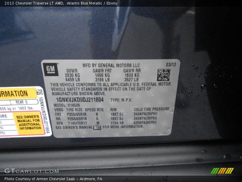 Atlantis Blue Metallic / Ebony 2013 Chevrolet Traverse LT AWD