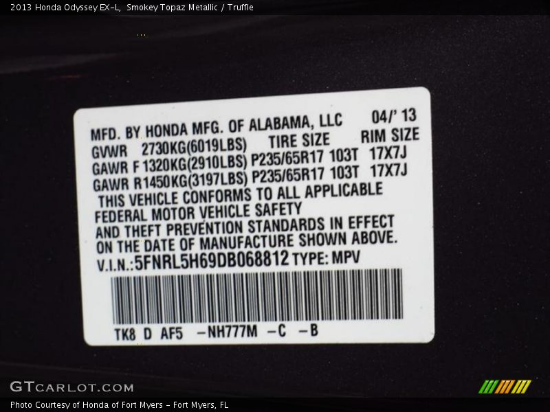 Smokey Topaz Metallic / Truffle 2013 Honda Odyssey EX-L