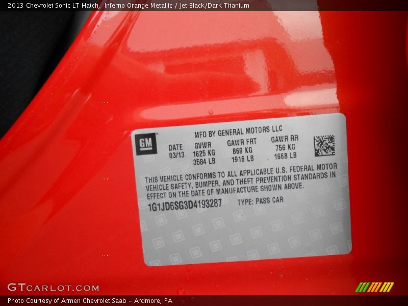 Inferno Orange Metallic / Jet Black/Dark Titanium 2013 Chevrolet Sonic LT Hatch