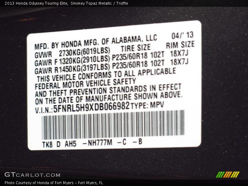 Smokey Topaz Metallic / Truffle 2013 Honda Odyssey Touring Elite