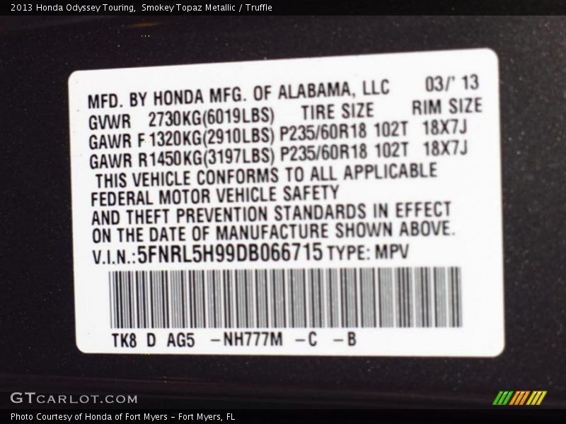 Smokey Topaz Metallic / Truffle 2013 Honda Odyssey Touring