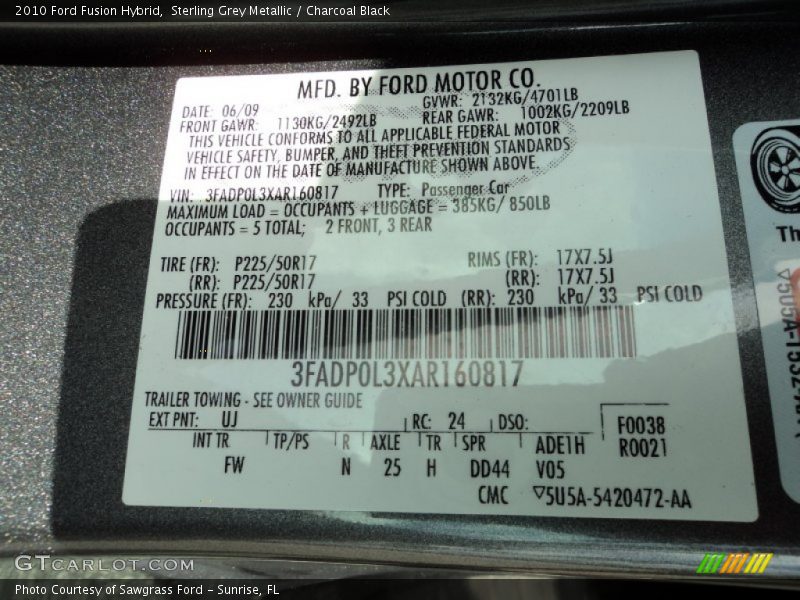 Sterling Grey Metallic / Charcoal Black 2010 Ford Fusion Hybrid