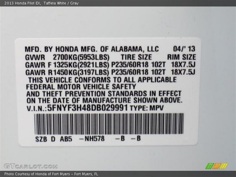 Taffeta White / Gray 2013 Honda Pilot EX