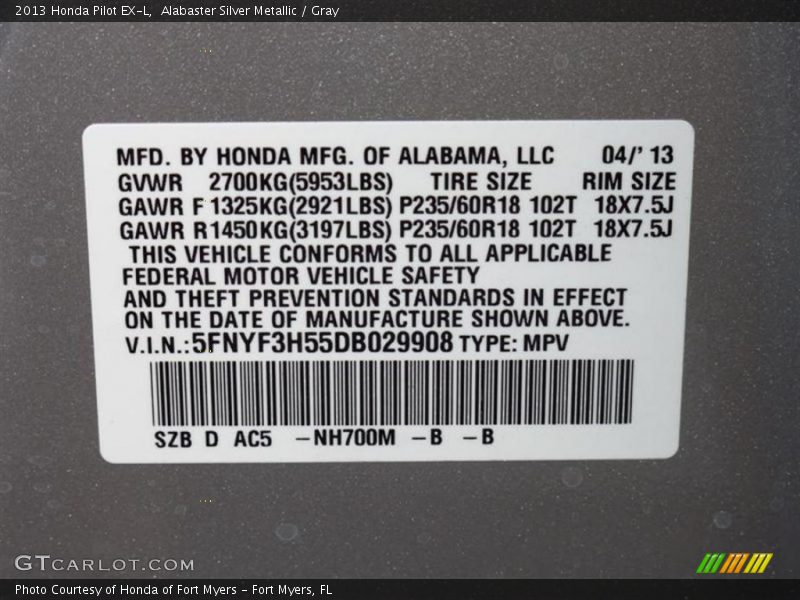 Alabaster Silver Metallic / Gray 2013 Honda Pilot EX-L