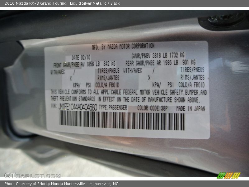2010 RX-8 Grand Touring Liquid Silver Metallic Color Code 38P