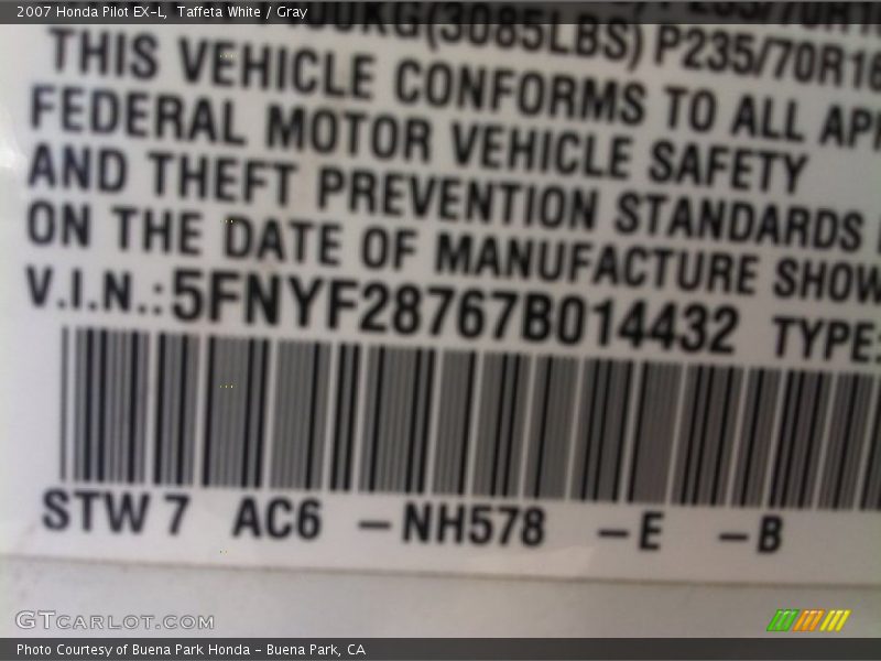 Taffeta White / Gray 2007 Honda Pilot EX-L