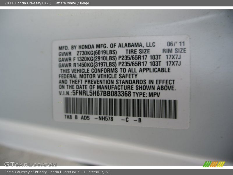 Taffeta White / Beige 2011 Honda Odyssey EX-L