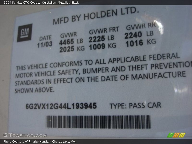 Info Tag of 2004 GTO Coupe