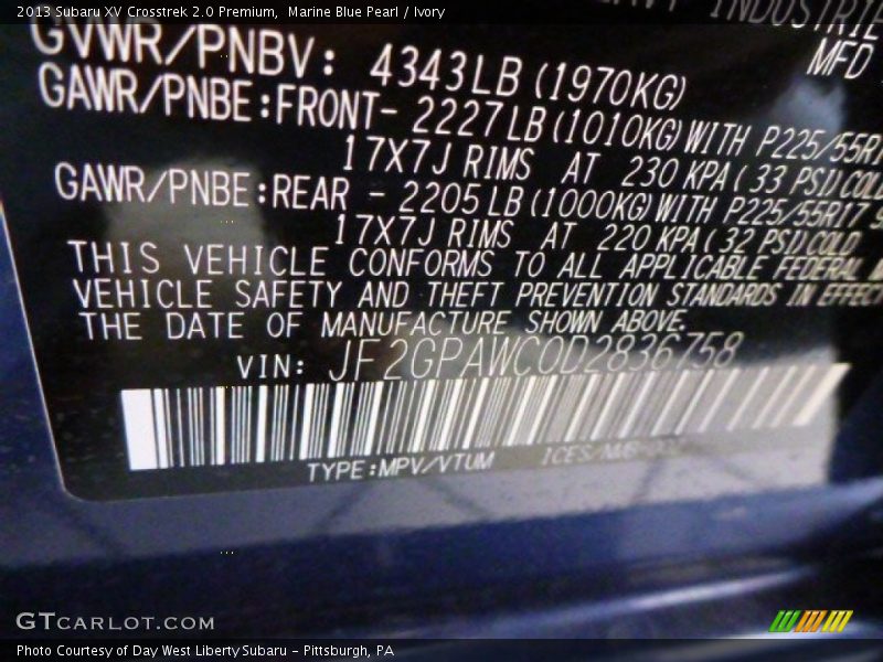 Marine Blue Pearl / Ivory 2013 Subaru XV Crosstrek 2.0 Premium