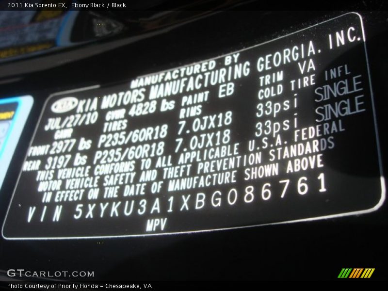 Ebony Black / Black 2011 Kia Sorento EX