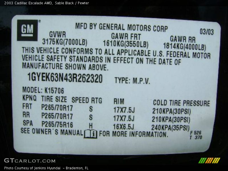 Sable Black / Pewter 2003 Cadillac Escalade AWD
