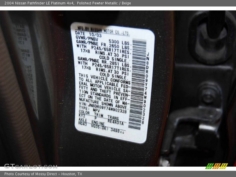 Polished Pewter Metallic / Beige 2004 Nissan Pathfinder LE Platinum 4x4