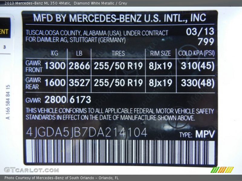 Diamond White Metallic / Grey 2013 Mercedes-Benz ML 350 4Matic