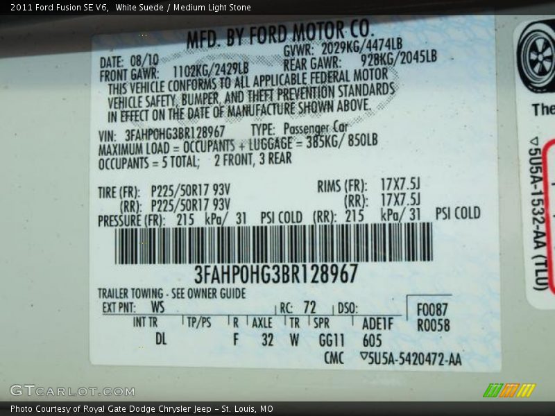 White Suede / Medium Light Stone 2011 Ford Fusion SE V6
