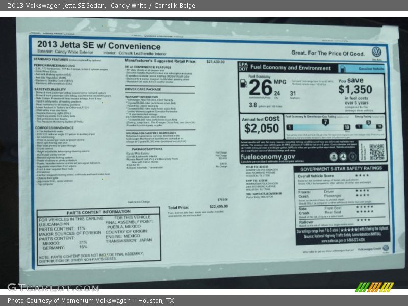 Candy White / Cornsilk Beige 2013 Volkswagen Jetta SE Sedan